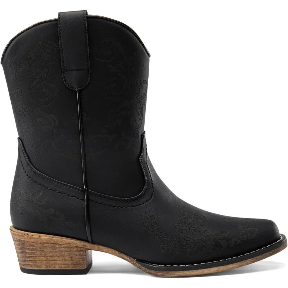 Womens Black Western Cowboy Cowgirl Ankle Boots Low Chunky Heels Square Toe - Picture 4 of 7